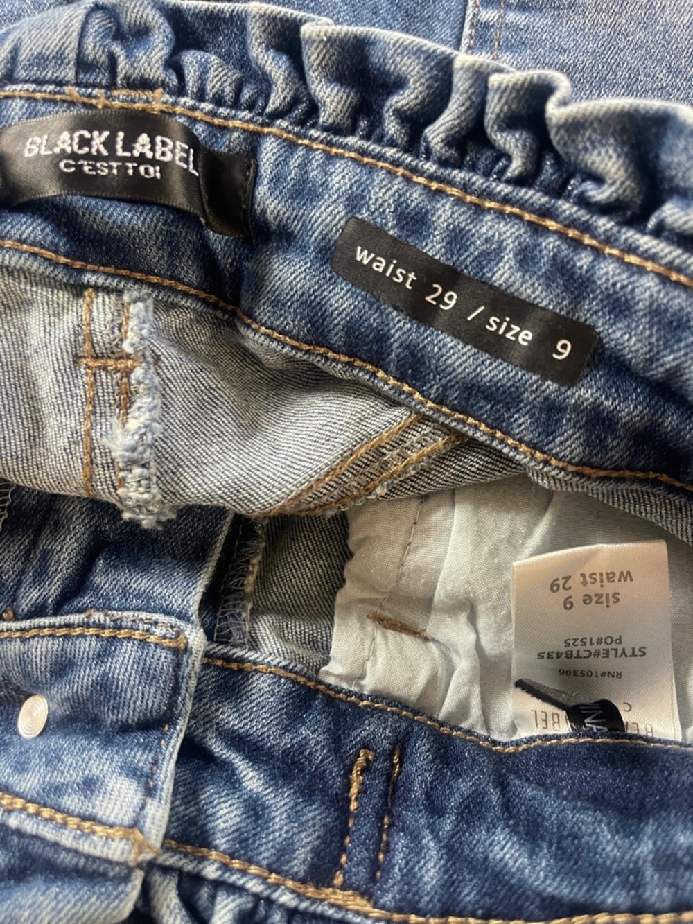 BLACK LABEL C’est Toi jeans sz 9 button zip tie front ruffle waist band - Picture 4 of 5